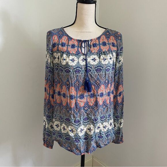 Lucky Brand Paisley Pleated Peasant Shirt size Small Orange Blue Boho Blouse - Picture 1 of 11